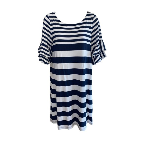 New Lilly Pulitzer Lula Navy White Striped Scoop Neck Ruffle Sleeve Shift Dress - Picture 3 of 10